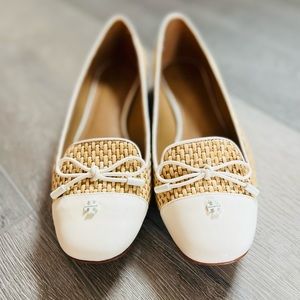 Tory Burch raffia patent leather smoking slippers, cream/tan, 6.5 medium, NIB!